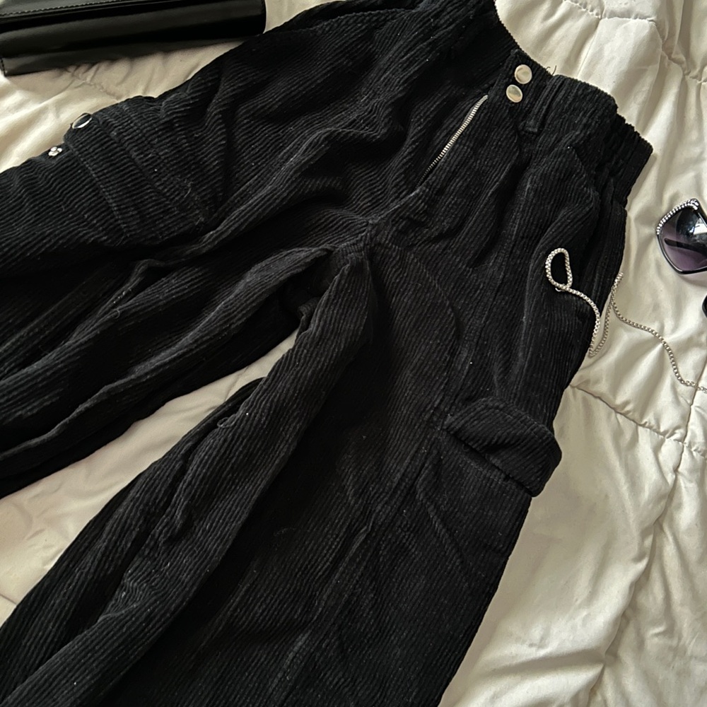 Black Corduroy Pants with Silver Accents